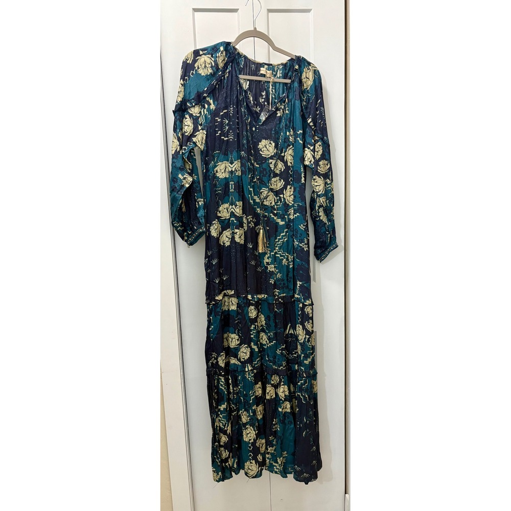 NWT Natural Life Boho Maxi Dress Teal Floral Tassel LHDRS1540 Womens Medium NWT